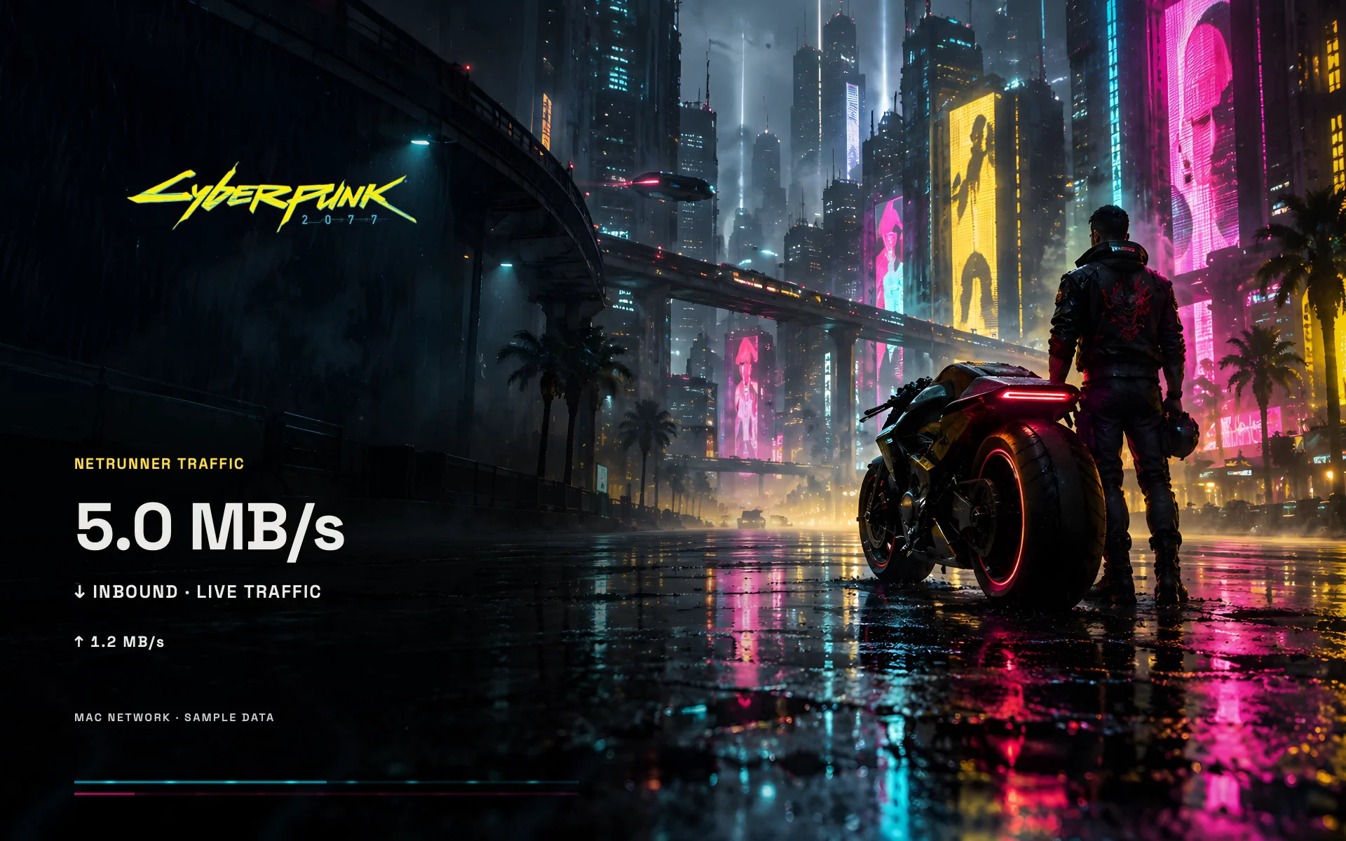 Cyberpunk 2077 — Night City dynamic wallpaper with sample data