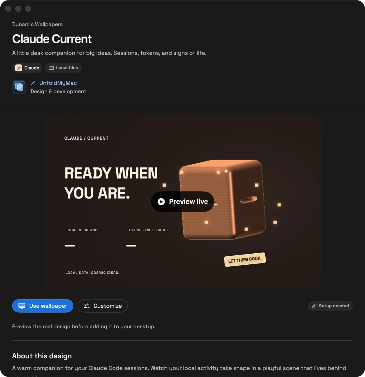 Claude Current design details in dark appearance