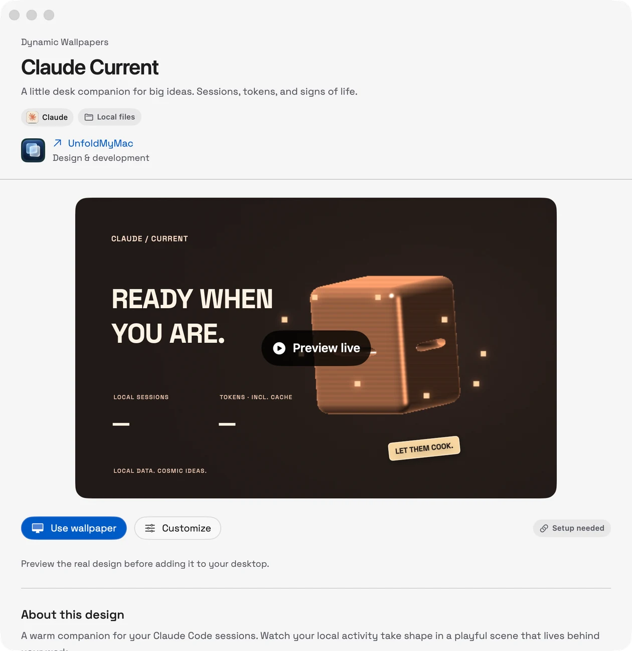 Claude Current details, with the title and Claude usage above the actual design preview and actions below it