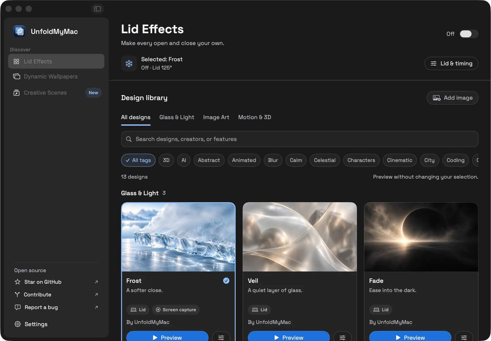 Lid Effects in the redesigned UnfoldMyMac app, dark appearance