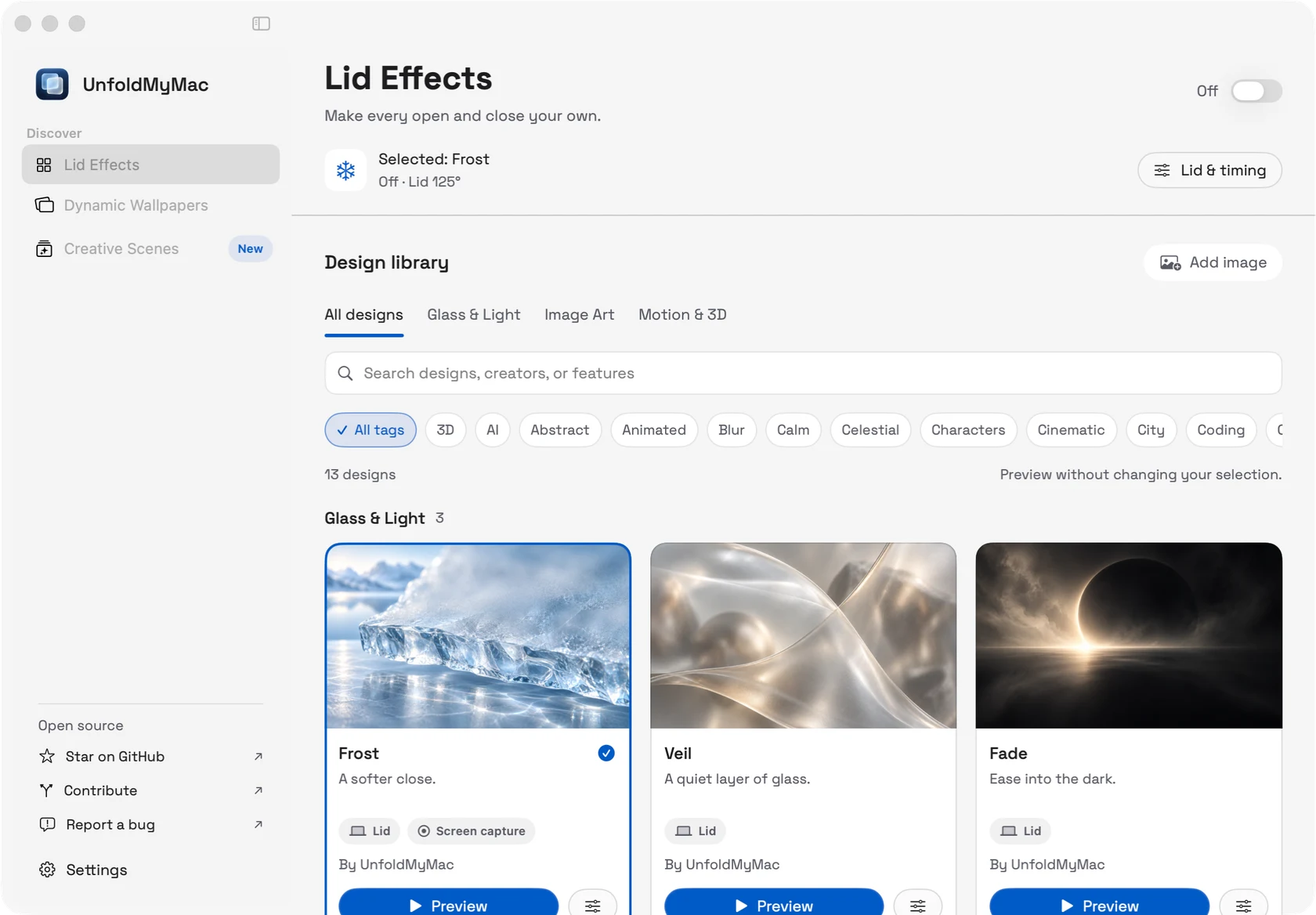 Lid Effects in the redesigned UnfoldMyMac app, light appearance