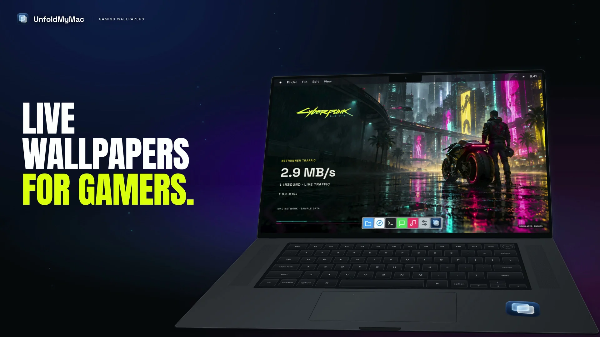 UnfoldMyMac gaming wallpapers playing on a MacBook against a blue stage