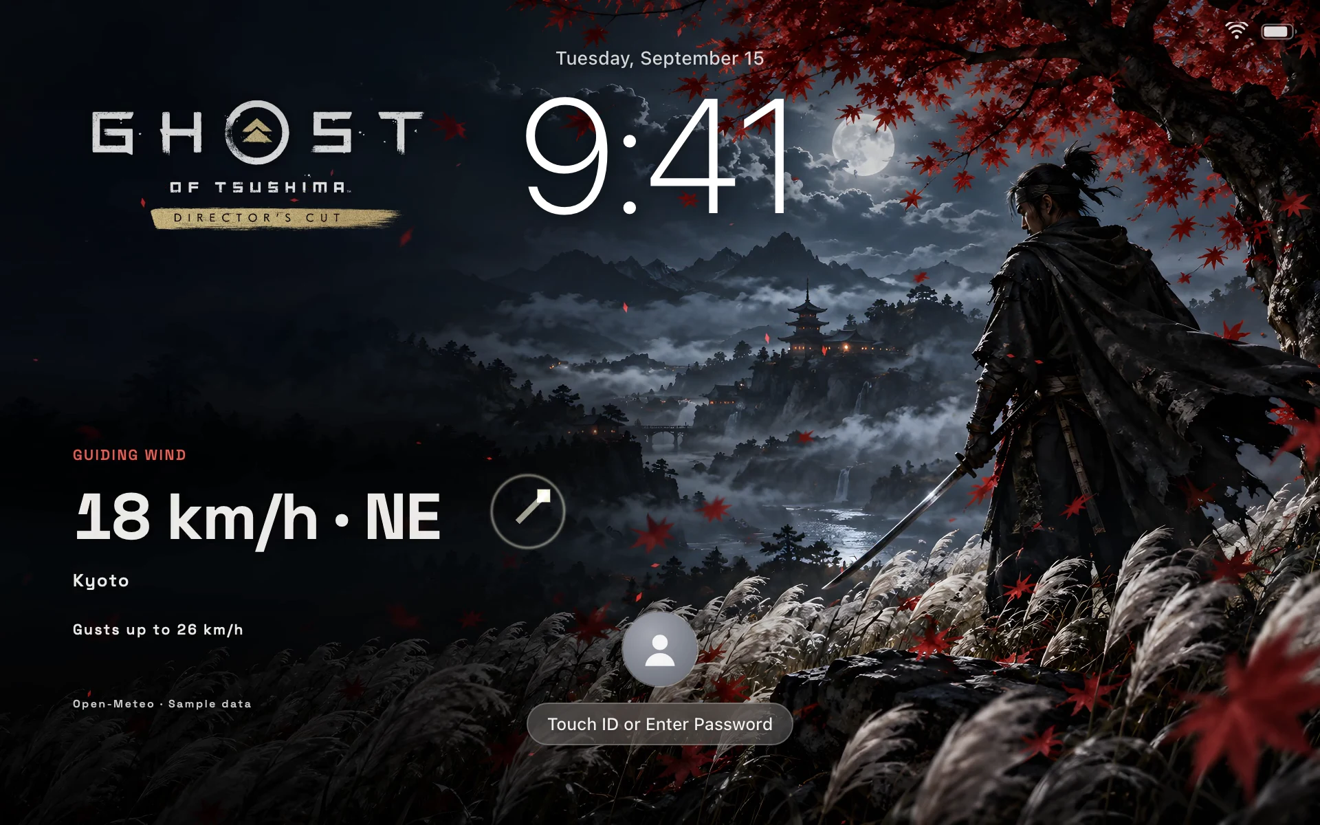 A macOS lock screen showing the time over the Ghost of Tsushima — Scarlet Wind wallpaper, with maple leaves blowing across a moonlit valley