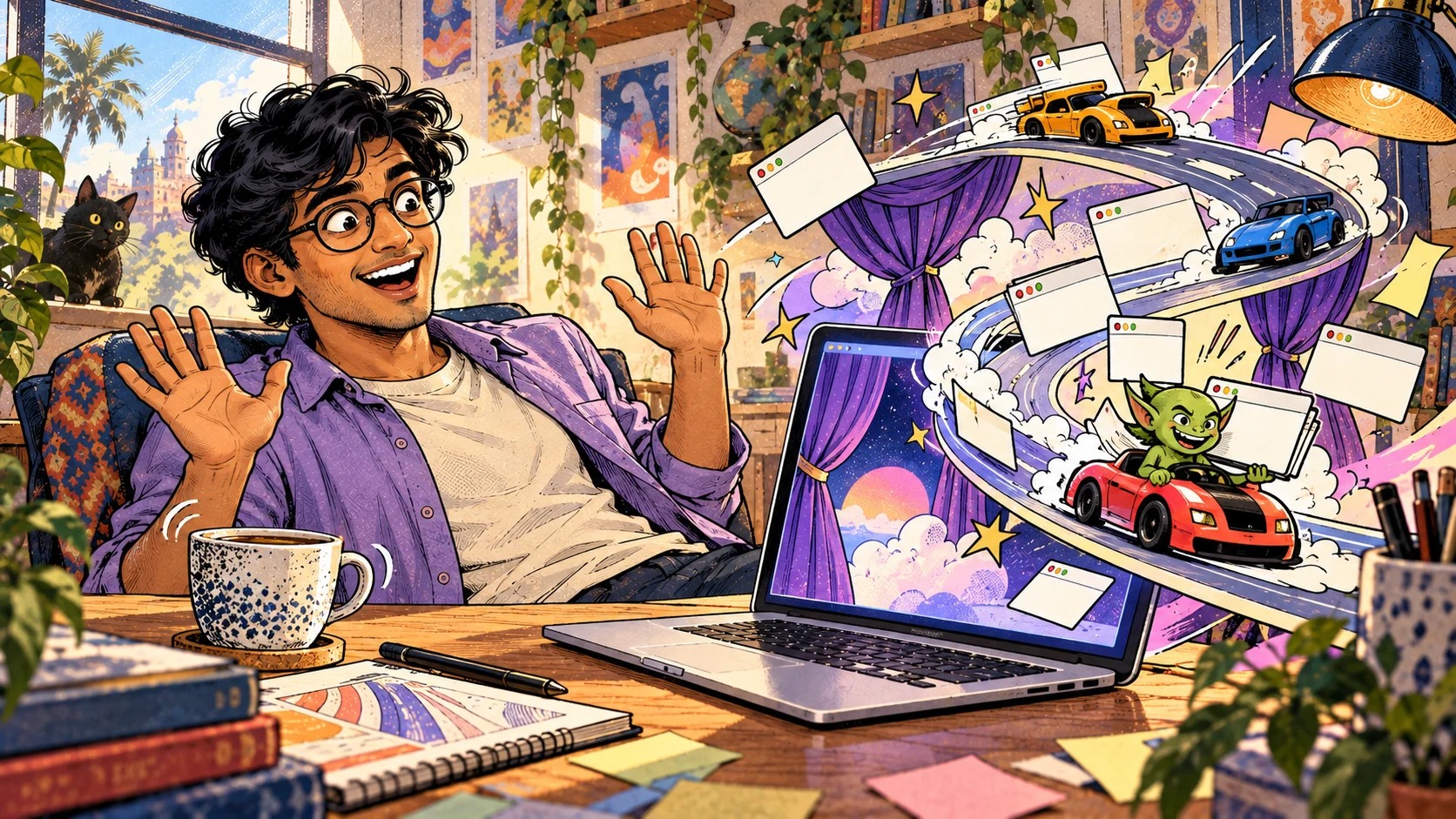 Comic illustration: race cars, curtains, windows, and a mischievous character spill from the maker's growing collection of ideas.