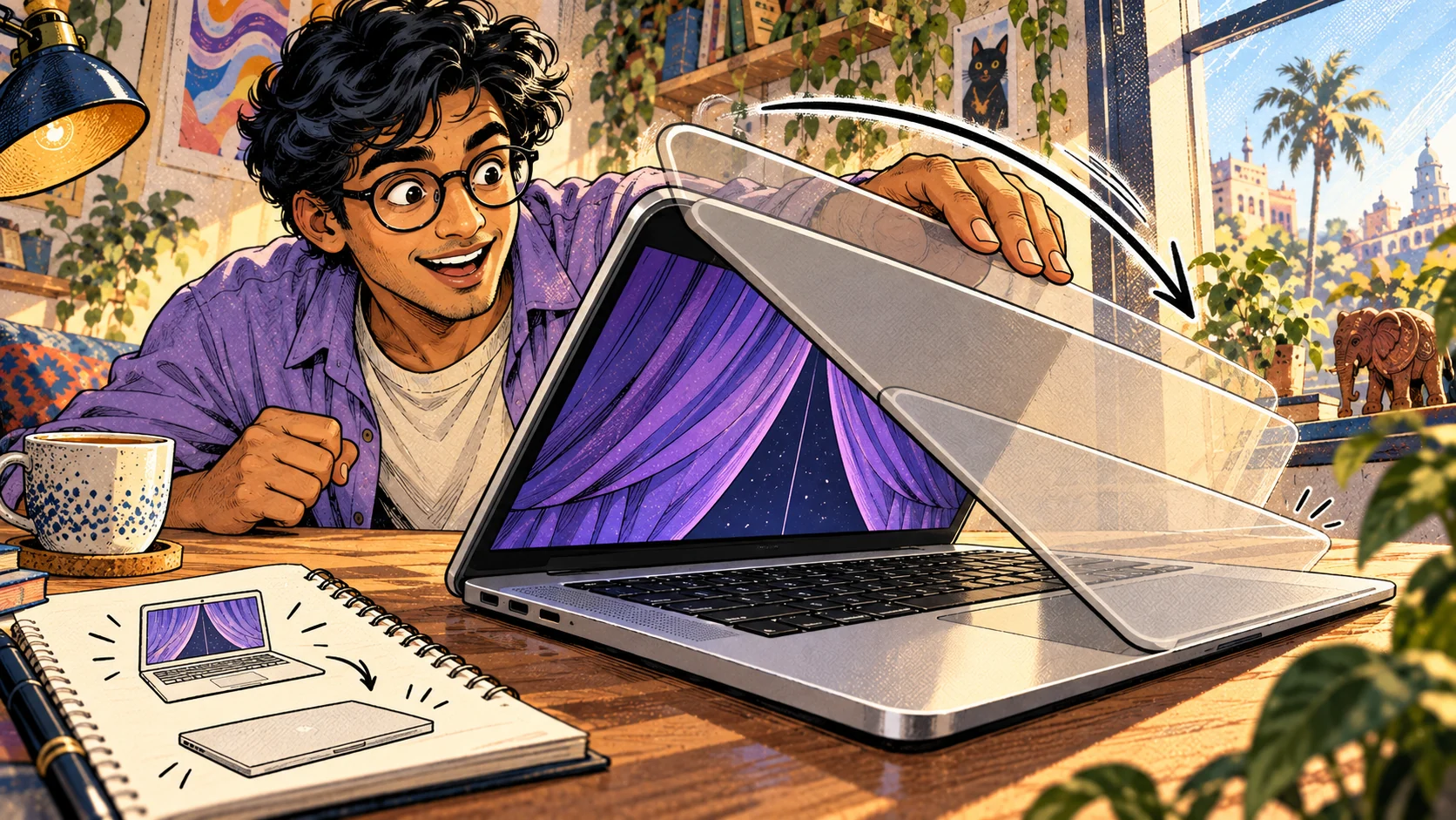 Comic illustration: the maker lowers his MacBook lid, and purple curtains move across the desktop.