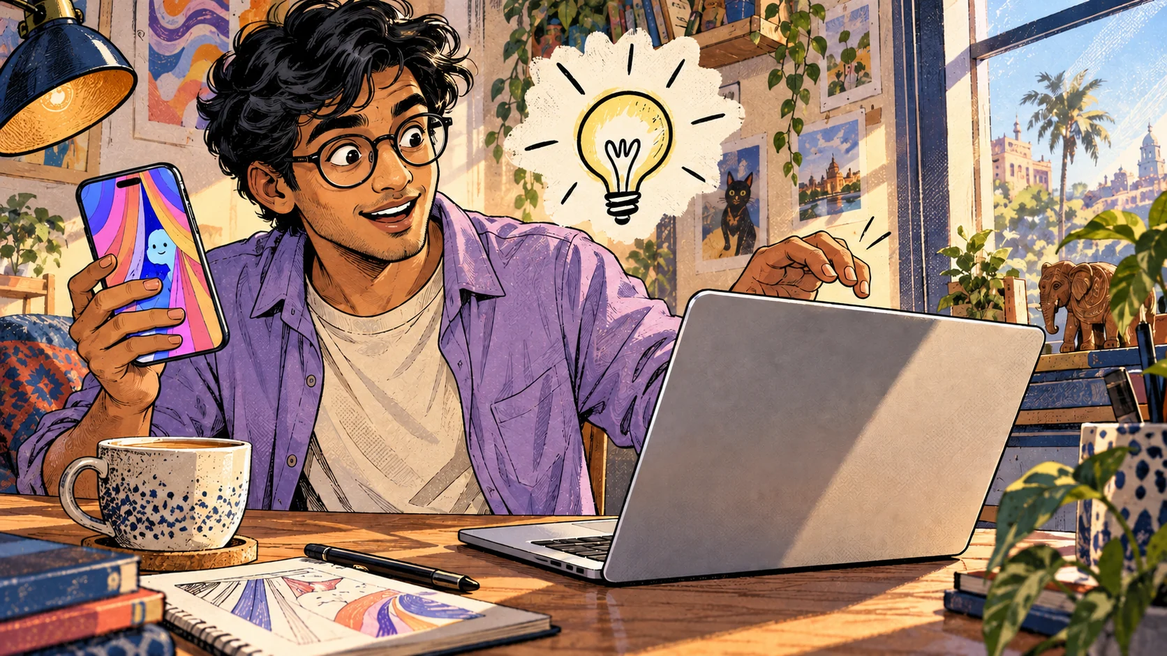 Comic illustration: a maker looks from a phone to his MacBook as an idea takes shape.
