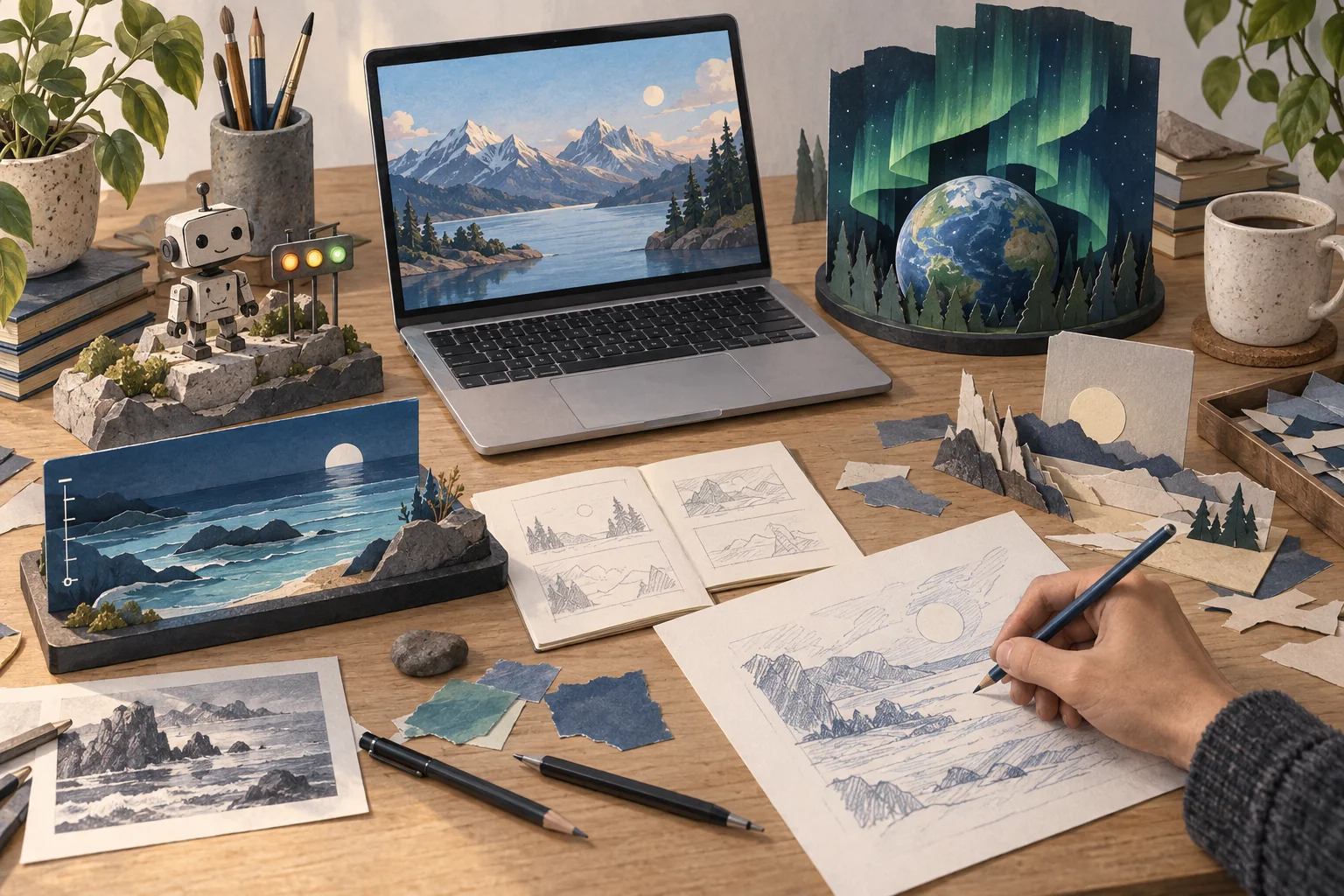 A wallpaper workshop with a laptop, a small robot, an aurora model, and a hand sketching the next landscape